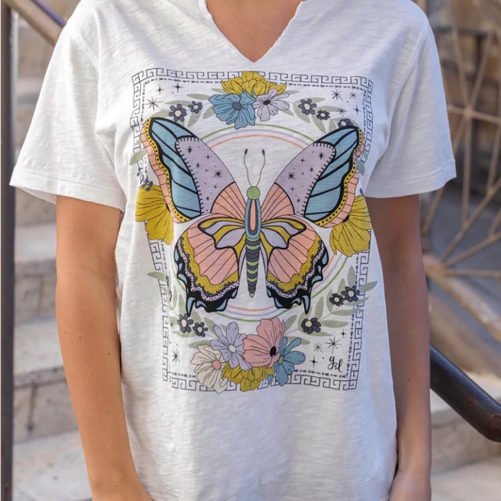 Grace & Lace NWT S Butterfly T Shirt Notch Neck Cotton Wash Worn